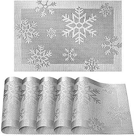 6er Platzdeckchen Tischmatten aus Abgrifffeste Hitzebeständig Abwaschbar Tischsets 6er Weihnachtliche Platzsets Silber