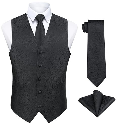 Enlision Herren Weste Schwarz Paisley Floral Jacquard Weste mit Krawatte und Einstecktuch Taschentuch Weste Anzug Set Hochzeit,XXXL
