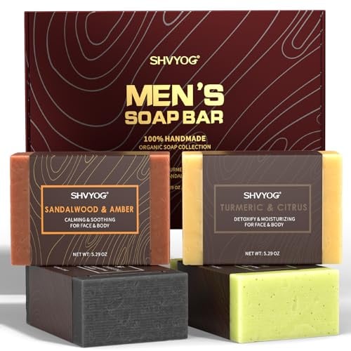 4 Stück Natürliche Herrenseife, Handgemachte Peeling-Seife, Tiefenreinigende, Erfrischende, Feuchtigkeitsspendende Seife Für Körper Und Gesicht – Sandelholz, Bernstein, Minze, Holzkohle, Kurkuma