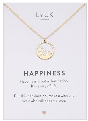 LUUK LIFESTYLE Damenhalskette mit Bergspitze Coin I Plättchen Anhänger und HAPPINESS Spruchkarte, Symbol für Erfolg, langlebiges und hautverträgliches Damenaccessoire, 50cm, Gold