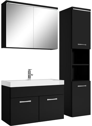 Badezimmer Badmöbel Set Paso LED 80cm Waschbecken Mat Schwarz - Unterschrank 1x Hochschrank Waschbecken Möbel
