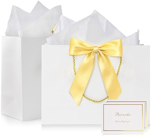 2pcs Medium White Gift Bags, Paper Bags for Present, Portable Gift Bags with 4 Wrappers and 2 Cards for Party Birthday Wedding Celebrations Souvenirs, Senior Shopping Bags(Pure White) 20 x 10 x 28 cm