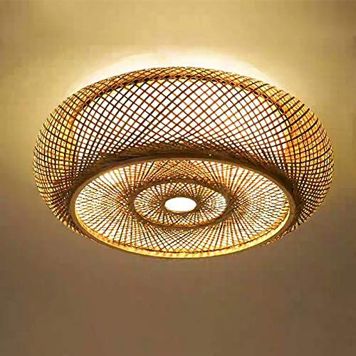 innytund Decken Leuchte Rund LED Pendelleuchte Retro Bambus Lampe 50cm Moderne olz Weben Wohnzimmer Büro Deckenleuchte Design Pendel Lampe Wohn Ess Zimmer Beleuchtung