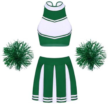 MSemis Damen Cheerleading Kostüm Cheer Leader Uniform Karneval Fasching Party Halloween Kostüm Kleid Minirock mit Crop Top M Grün XL