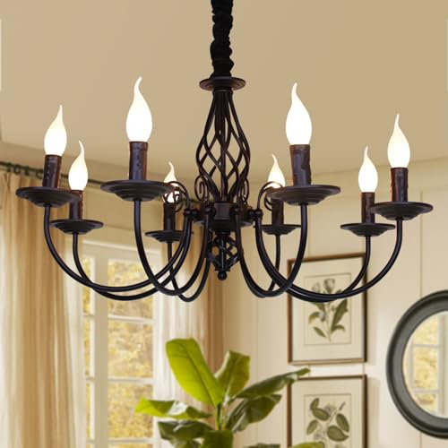 JIINOO 8 Lichter Französischer Landkronleuchter, Schwarze Kronleuchter, Metall-Pendelleuchter, Pendelleuchte für Inselküche Bauernhaus, Esszimmer, Foyer