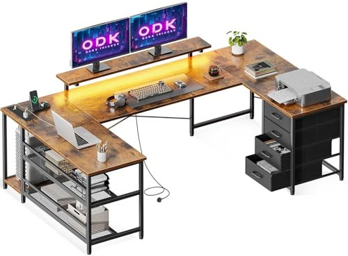 ODK 167×102 cm Corner Desk with Drawers, Reversible L Shaped Computer Desk with Powers Outlets, Gaming Table with LED Lights for Home Office Vintage Brown