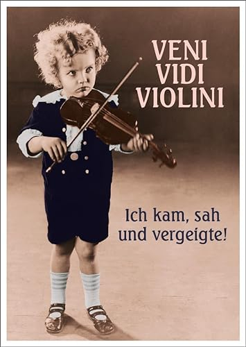 Gutsch Verlag Lustige Postkarte mit Spruch 'Veni Vidi Violini - Ich kam, sah und vergeigte', Humorvolle Karte mit Kind und Geige, Witziges Geschenk für Musiker.