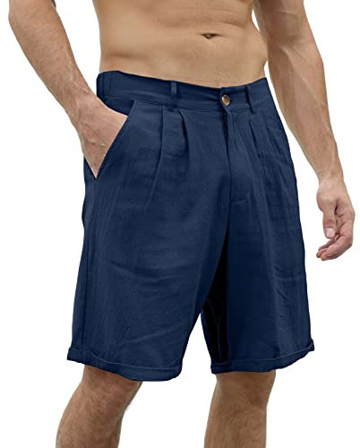 Shorts et Bermudas Homme Lin Sport Plage Casual Short Sport Homme Bouton Baggy Couleur Uni avec Poche Sportswear Homme Lightweight Taille Basse Extérieur Short Court Homme 01 Marine L