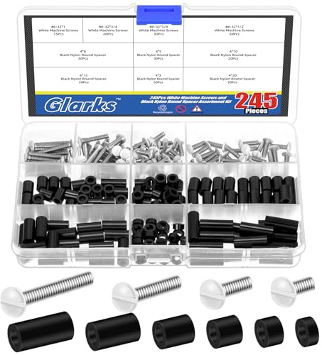 Glarks 245pcs White Wall Plate Screw Set, 3/8’’, 1/2’’, 3/4’’, 1’’ Long, Outlet Plate Screw, Switch Panel Screws with Outlet Screws Spacers, Outlet Cover Screws with Nylon Round Spacers for Wall Plate