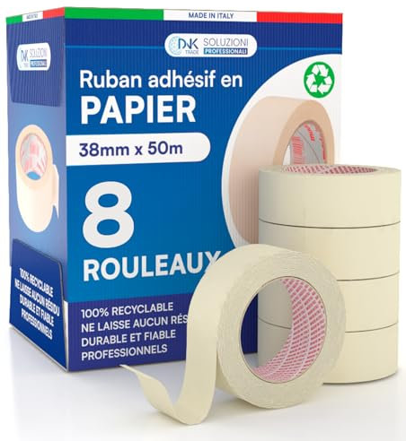 DNK TRADE Nastro Carta 38mm x 50m per Imbianchini Carta Gommata Professionale Riciclabile per Mascheratura Pittura e Imbiancatura - 8 Rotoli