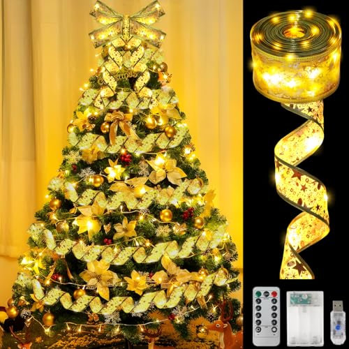 Meleager Nastro di Natale a LED, Oro Luci Albero di Natale, Nastro Luminoso per Albero di Natale, 10 M 100 Led Nastro Luci Albero di Natale, per Decorazioni per l'albero di Natale, Matrimoni, Feste