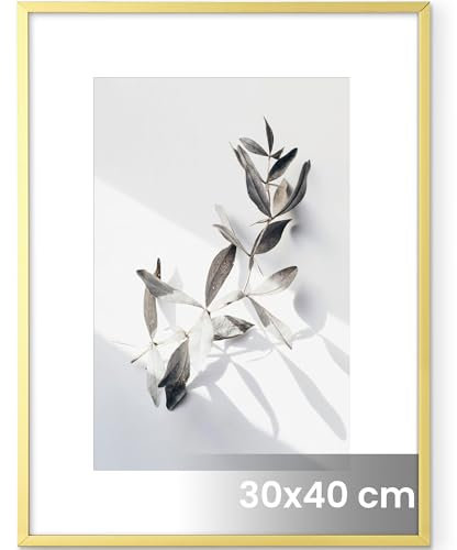 Feihorrm Bilderrahmen 30x40 Gold, Aluminium 30x40 cm Fotorahmen, Metall Rahmen Mit gehärtetem Glas, Für 30x40 cm-Fotos Poster Kunstwerke oder 19x29 cm-Fotos mit Passepartout