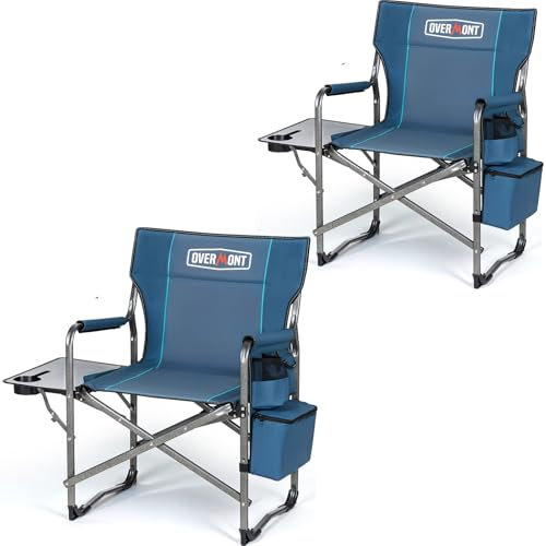 OVERMONT Campingstuhl Faltbar Regiestuhl Klappbar - bis 180 KG Belastbar - 2PCS Klappstuhl mit Seitentisch Kühltasche für Camping Angeln Festival Blaugrau
