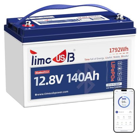 Timeusb 12V 140Ah LiFePO4 Bluetooth Batterie mit 150A Smart BMS, 1792Wh Energie, Tieftemperaturschutz (-20℃), 700A Spitzenstrom,Perfekter Lithium Akku für Wohnmobil, Solar & Off-Grid