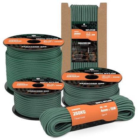 Kamu Synber 550 Paracord 4mm 15m Typ III Schnur 7 Stränge Nylon Seil Fallschirmschnur für Basteln, Outdoor, Camping, Survival | Tragkraft 250kg | Dunkelgrün