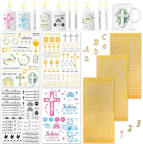 DPKOW 7 Blatt Kommunion kerzentattoos mit Buchstaben Aufkleber, DIY Kommunion Wasserschiebefolie Kerzen Dekoration, Wachsbuchstaben für Kerzen Gold Klebebuchstaben, Kommunion Kerzenfolie Kerzensticker