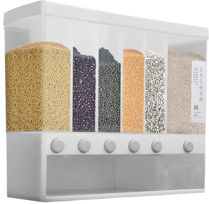 CROWNSHOP Dry Food Dispenser 6 in 1 Plastic Wall Mounted Rice Bucket Grain Dispenser Moisture Proof Sealed Cereal Dispenser for Kitchen with Lid for Rice Grains Beans