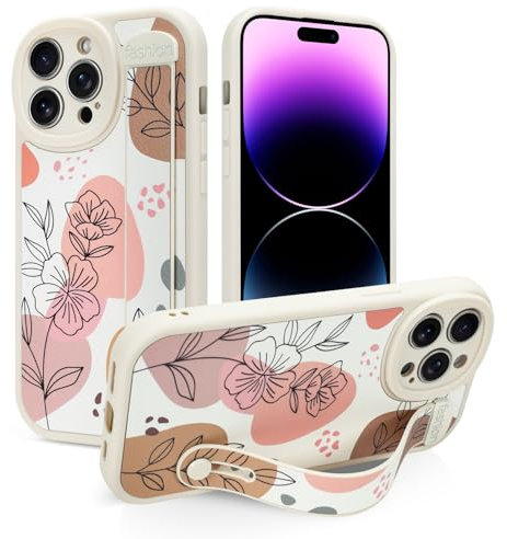 Jefonha for iPhone 14 Pro Max Case with Strap, Cute Flowers Floral Phone Case with Finger Hand Wrist Strap Kickstand, Shockproof Protective Cover (Leather, Beige)