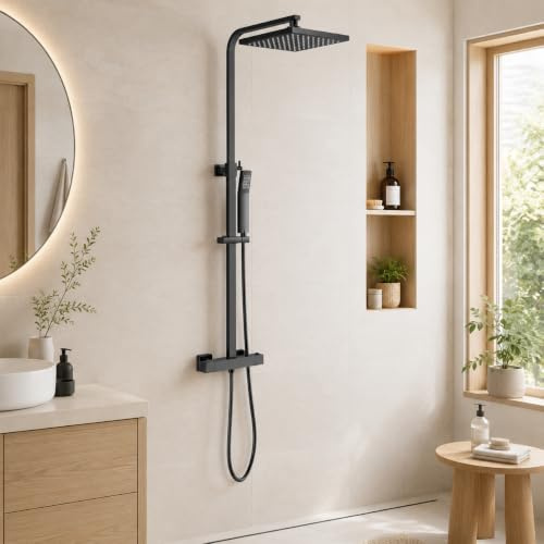 KOMIRO Duschsystem mit Thermostat Schwarz, Messing Regendusche mit armatur | 20 X 20cm Duscharmatur Komplettset Schwarz, Edelstahl Höhenverstellbarer Duschstange,Duschset Eckig