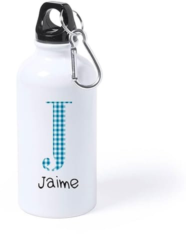 Botella Personalizada Inicial y Nombre Cuadro Vichy Botellas de Agua Aluminio Regalo Niño Niña Comunión Cumpleaños Bautizo (Azul Celeste)