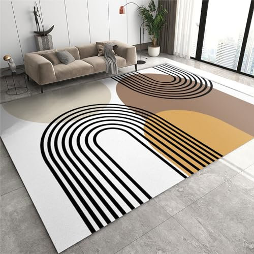 Mid Century Teppich, rutschfest, waschbar, geometrisch, gestreift, für Schlafzimmer, ästhetisches Graffiti-Design, dünner, fusselfreier Teppich für hochfrequente Hartholzböden, 160 x 230 cm