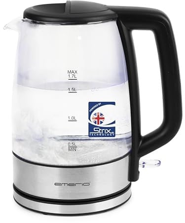 EMERIO Glas Wasserkocher mit 1.7 Liter Volumen | 2200 Watt | blaue LED Innenbeleuchtung | 360° Basis | bestes Borosilikatglas | Auto Off | Trockengeh- & Überhitzungsschutz | WK-130126