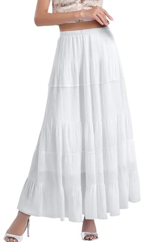 Jupes maxi élastiques taille haute en mousseline de soie blanche pour femme - Jupe longue plissée pour femme - Style bohème - Taille élastique, blanc, M