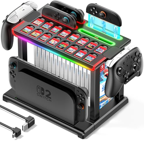Base di Archiviazione per Switch 2 con Dock di Ricarica Joy-Con 2, RGB Caricatore per 4 Controller Switch 2, Supporto di Organizzazione per Switch 2025 con Spazio per 16 Cartucce di Gioco e Dock TV