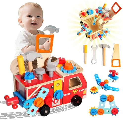 Pmueuff 33 Pezzi Cassetta Attrezzi Bambini, Camion Pompieri Giocattolo in Legno con Cassetta Attrezzi Giochi Montessori Valigetta Attrezzi da Lavoro Giocattolo Regalo per Ragazzo Ragazza 2 3 4 Anni