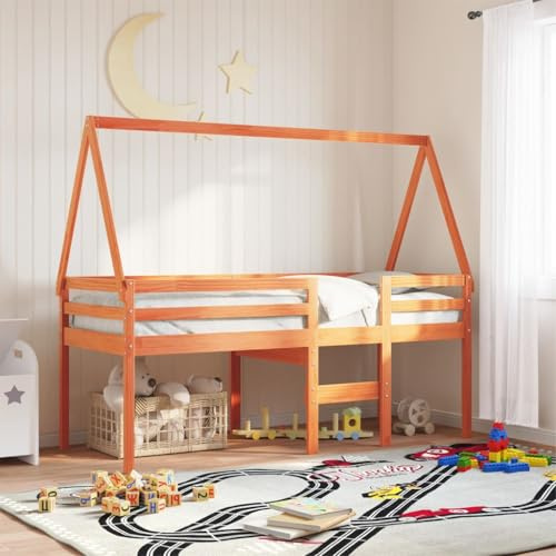 WKIEQACO Hochbett ohne Matratze Wax Braun 90x200 cm Massivholz Kiefer Betten & Zubehör Betten & Bettrahmen