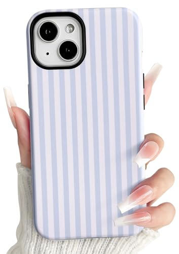 NITITOP for iPhone 13/14 Case Cute Striped Design, Light Blue | for Women Girls Men, Stripes Lines Pattern, Hybrid 2 Layers, Hard PC Back Shockproof Cover, Raised Camera Lip Protection