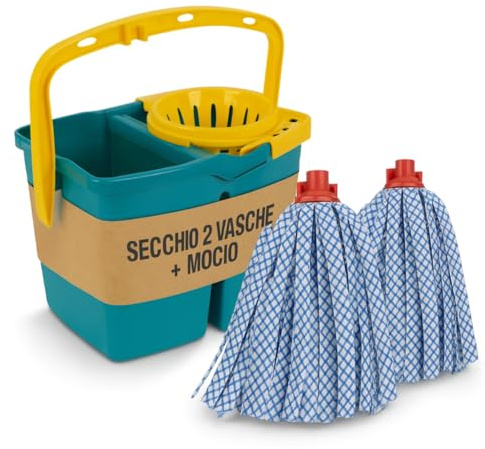Tomaino - Secchio Lavapavimenti Doppia Vasca in Plastica - Mocio Lavapavimenti 7 litri con Strizzatore - 2 Vasche per Acqua Pulita e Sporca (Secchio + 2 ricambi micorfibra)
