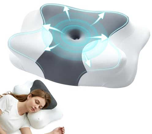 motomoyo Almohada Cervical de Espuma Viscoelástica Ergonomica, Multifuncional para Dormir Boca Arriba, de Lado o Boca Abajo, 63x40cm, Color Gris Blanco, Hipoalergénica