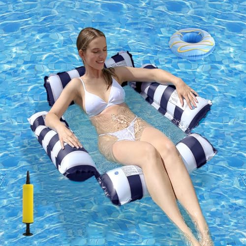 HOWAB Colchoneta Piscina Adultos Inflable, 4 en 1 Hamaca de Agua | Hamaca Flotante Piscina con Bomba y Flotador Inflable Posavasos para Bebidas, Flotadores Piscina para Juegos de Agua