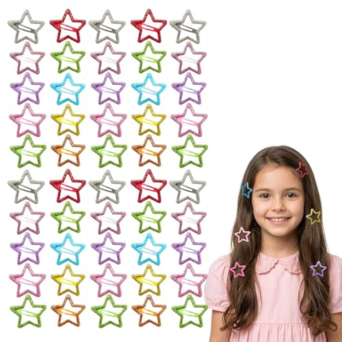 URYVAIW Set di mollette stella capelli, 50 pezzi mollette a stella multicolori glitterate, Accessori per capelli in metallo per ragazze e donne