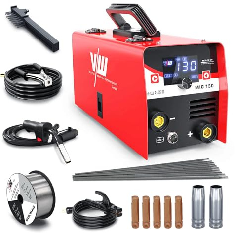 3 in 1 Saldatrice a Filo Continuo No Gas 130A con Kit Ricambi MIG | Kit con filo animato No Gas 1,0 mm, elettrodi MMA, punte di contatto e ugelli MIG, ideale per principianti e professionisti