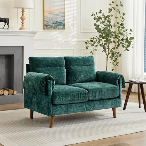 FammyLoft Sofa 2 Sitzer, Mid-Century Ecksofa mit Overstuffed Cushions & Armrests, Kleines Sofa mit Faux Wood Legs, Space-Saving für Wohnzimmer/Schlafzimmer/Büro, Chenille, 124cm, Grün