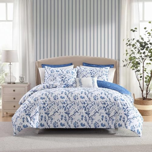Laura Ashley Luxuriöses, ultraweiches Bettdecken-Set, für alle Jahreszeiten, stilvolles zartes Design für Heimdekoration, Baumwolle, Blau, Queen-Size-Bett