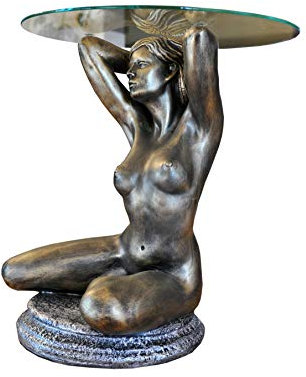 Antikes Wohndesign Runder Beistelltisch Glastisch Figurentisch Couchtisch Frauenskulptur Erotiktisch Frauen Akt Blumenständer Blumentisch Telefontisch
