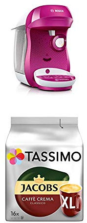 Bosch TAS1001 Tassimo Happy Kapselmaschine,1300 W, platzsparend, große Getränkevielfalt, TasWild purple + Tassimo Jacobs Caffè Crema Classico XL, 5er Pack Kaffee T Discs (5 x 16 Getränke)