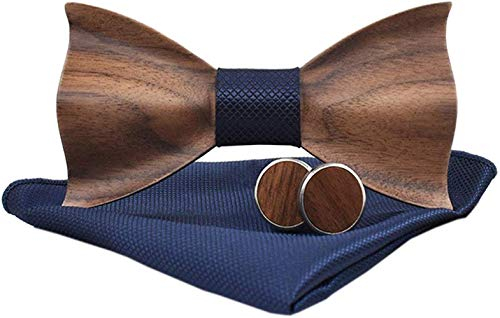 Holzfliege männer holz fliege herren klassische 3d geprägte hölzerne Fliege Set Plaid Quadrat Schal Manschettenknöpfe Lässige Massivholz Umweltschutz Set (Dunkelblau)