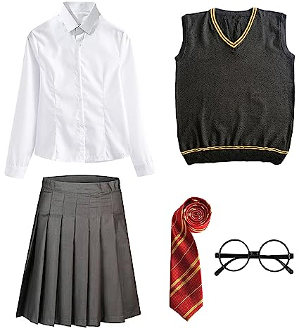 FStory&Winyee Zauberer Set Bluse Rock Weste Krawatte Brille Kostüm Zubehör für Kinder Erwachsene Zubehör Set Striped Tie Gestreifte Krawatte zum Karneval Fasching Halloween,2 Weiblich-rot,155
