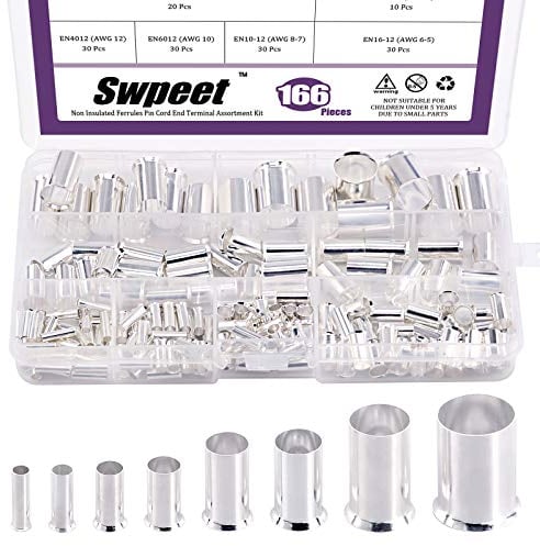 Swpeet 166Pcs 8 Größen Draht Kupfer Crimp Fitting Aderendhülsen Sortiment Kit, 12 10 8 6 4 2 1/0 2/0 Draht Aderendhülse verzinnt Kupfer Crimp-Anschluss Elektrische Kabel