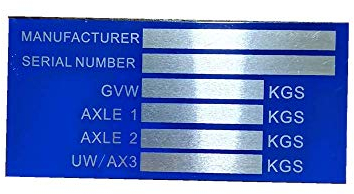 Número de identificación de placa de chasis de peso y VIN en blanco para remolque (140 mm x 65 mm, azul)