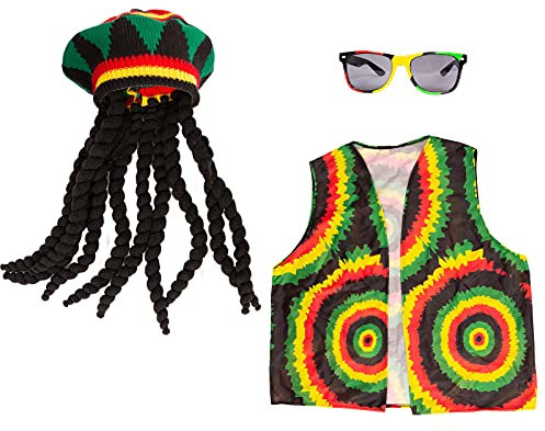 Tigerdoe Rasta Hut mit schwarzen Dreadlocks - 3-teiliges Set - Reggae Hut, Weste & Sonnenbrille - Jamaika Kostüm Zubehör