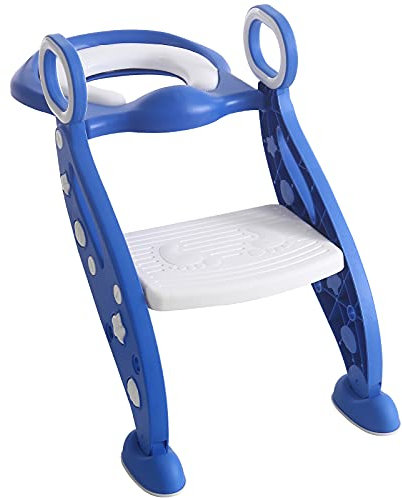 Rainberg® Kids Potty Training Toilet Seat Adjustable Height Step Ladder for Boys and Girls | Bathroom Aid Toddler Training Seats Portable Design (White Blue)
