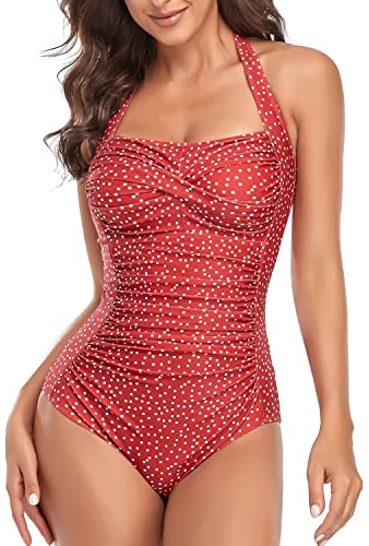 Smismivo Tummy Control Swimwear One Piece Modest Swimming Costume Women Ladies Full Body Vintage Retro Halter Neck Swimsuit Plus Size Push Up Padded Bathing Suit Red Polka Dot
