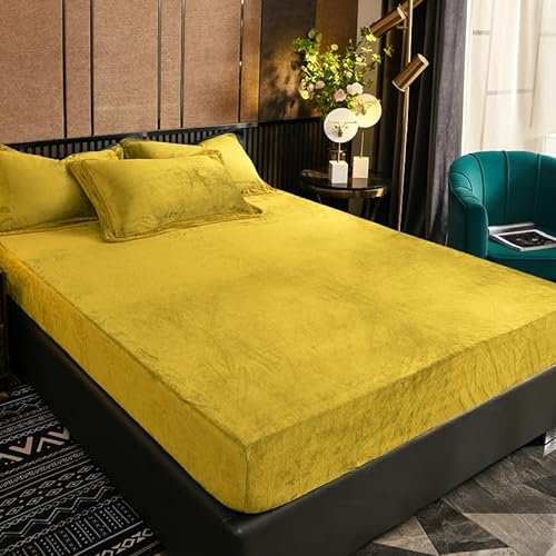 Luofanfei Fleece Spannbettlaken Plüsch 140x200cm Winter Warm Gelb Bettlaken Warme Fleece Cashmere Touch Kuschelig Flauschig Flanell Spannbetttuch für Matratze Hohe für bis 30 cm
