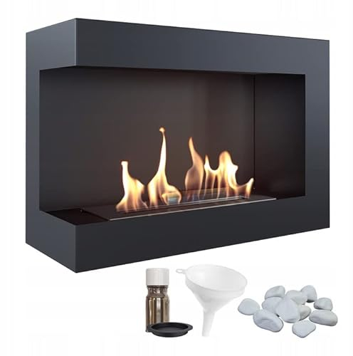 KRATKI Delta 700 Caminetto ad angolo sinistro a bioetanolo + ciottoli + imbuto + set per aromaterapia | Per montaggio a parete o ad incasso l Biocontenitore 0,75 l, TÜV | Acciaio, 48 x 70 cm, nero