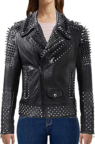 Damen Punk Rock Lederjacke mit Nieten, Schwarz - Echtleder, 52